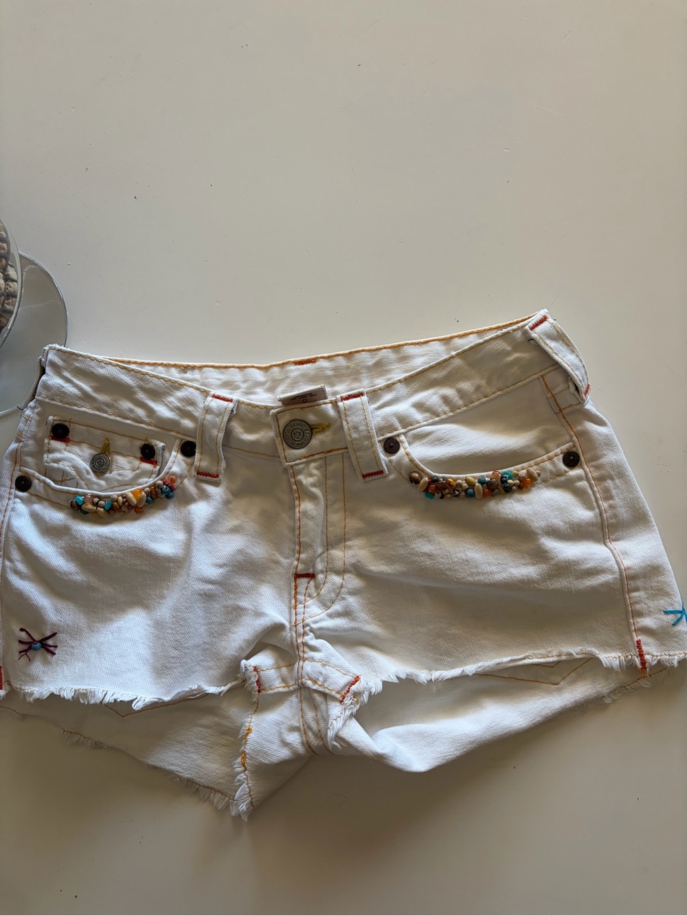 True Religion White Denim Beaded Pocket Jean Shorts